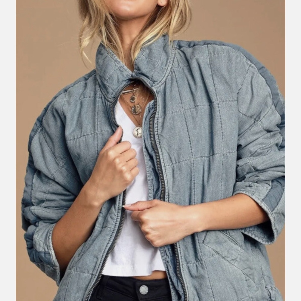 Free People Light Blue Quilted Jean Jacket
